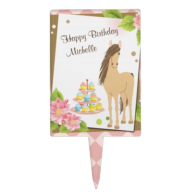 Personalized Pretty Brown Horse n Flowers Birthday Cake Topper (Front)