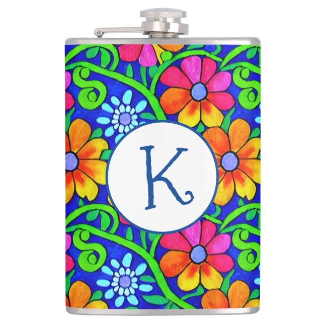 Personalized Pretty Colorful Floral Flask (Front)