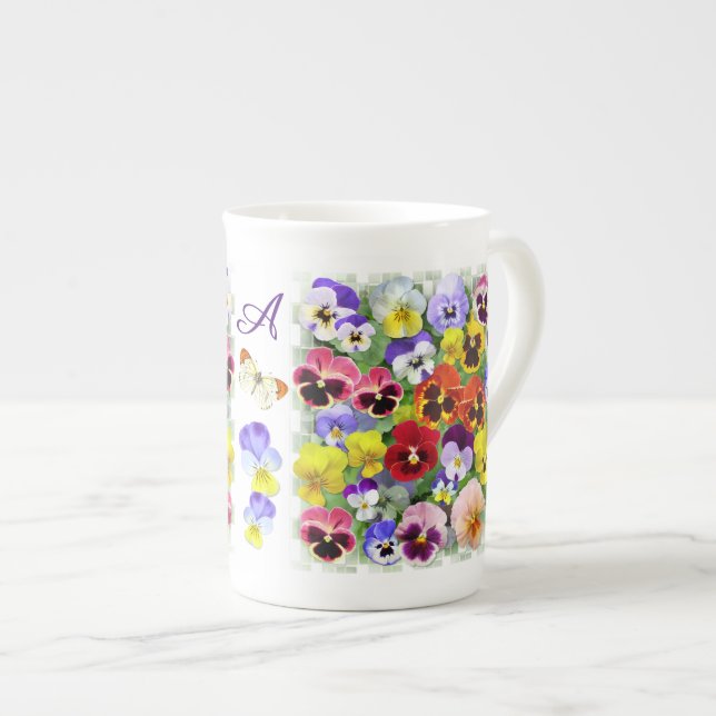 Personalized Pretty Colorful Pansies Bone China M Mug (Front Right)