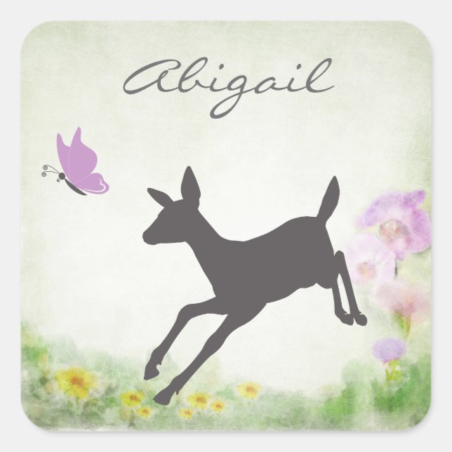 Personalized Pretty Deer, Butterfly and Flowers Square Sticker (Front)
