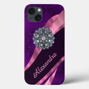 Personalized pretty elegant purple damask pattern iPhone 13 case