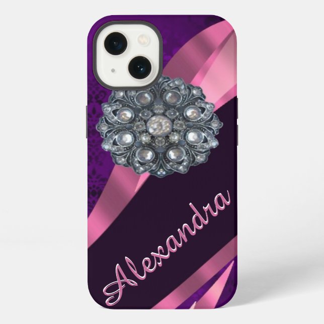 Personalized pretty elegant purple damask pattern iphone case (Back)