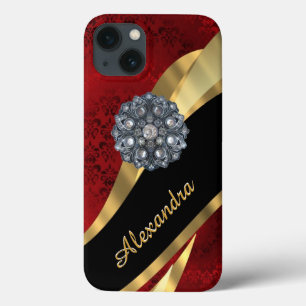Personalized pretty elegant red damask pattern iPhone 13 case