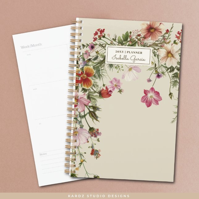 Personalized Pretty Elegant Wildflower Planner (The front of small planner is shown, and a sample of an inside page. Choose small or standard size.)