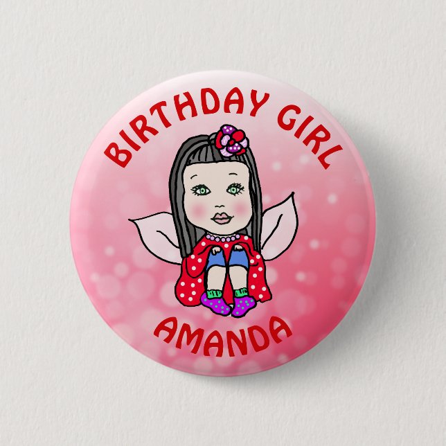 Personalized Pretty Fairy Birthday Girl Button (Front)