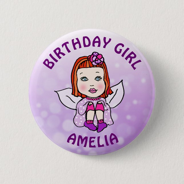 Personalized Pretty Fairy Birthday Girl Button (Front)