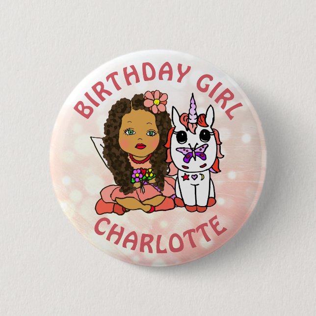 Personalized Pretty Fairy Birthday Girl Button (Front)