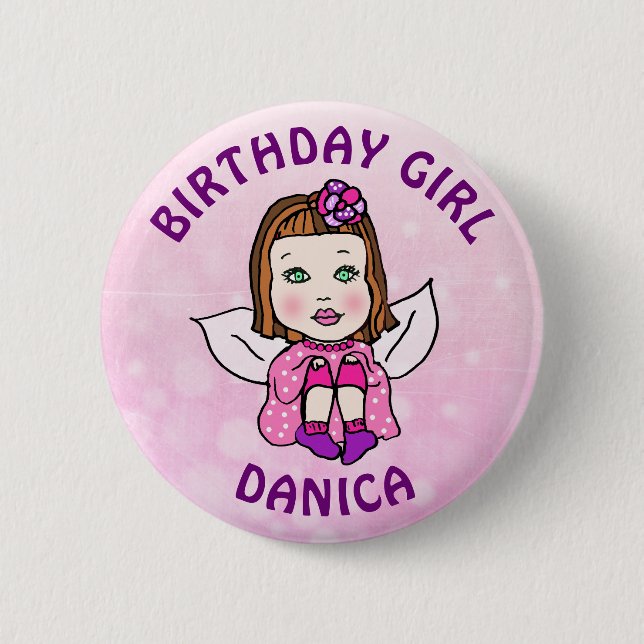 Personalized Pretty Fairy Birthday Girl Button (Front)