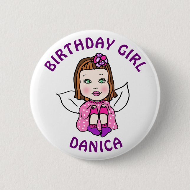 Personalized Pretty Fairy Birthday Girl Button (Front)
