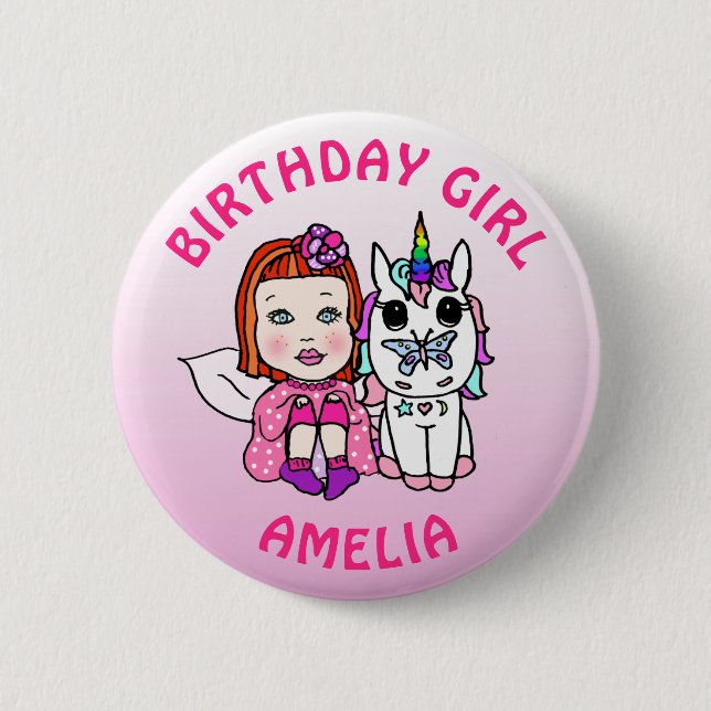 Personalized Pretty Fairy  Unicorn Birthday Girl Button (Front)