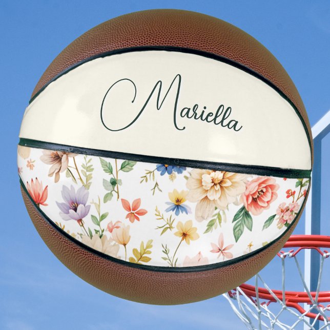 Personalized Pretty Floral Elegant Script Name Basketball (A fun, floral basketball with personalized name in elegant script typography)
