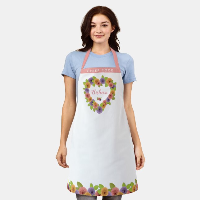 Personalized Pretty Floral Heart with Roses Apron (Worn)