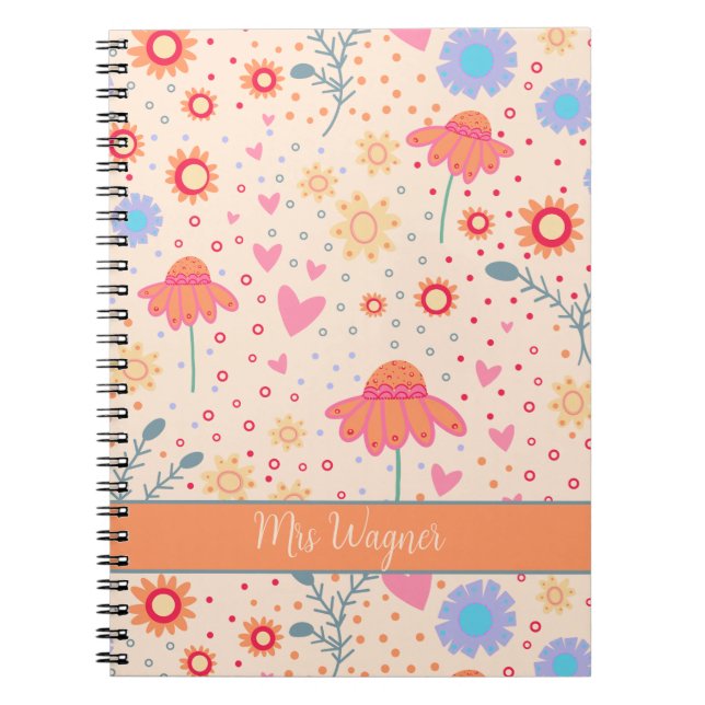 Personalized Pretty Floral Hearts Teacher Notebook (Front)