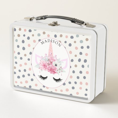 Personalized Pretty Floral Unicorn Metal Lunch Box