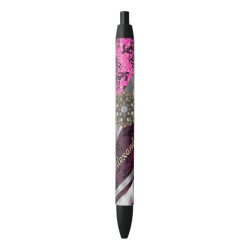 Personalized  pretty girly fuchsia damask pattern black ink pen