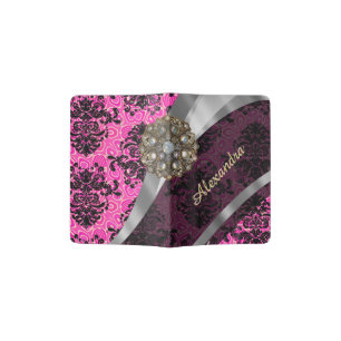 Personalized pretty girly fuchsia damask pattern passport holder