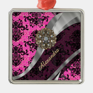 Personalized pretty girly pink damask pattern metal ornament