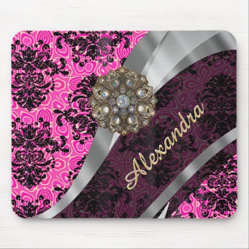 Personalized pretty girly pink damask pattern mouse pad