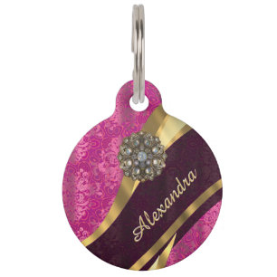 Personalized pretty girly pink damask pattern pet tag