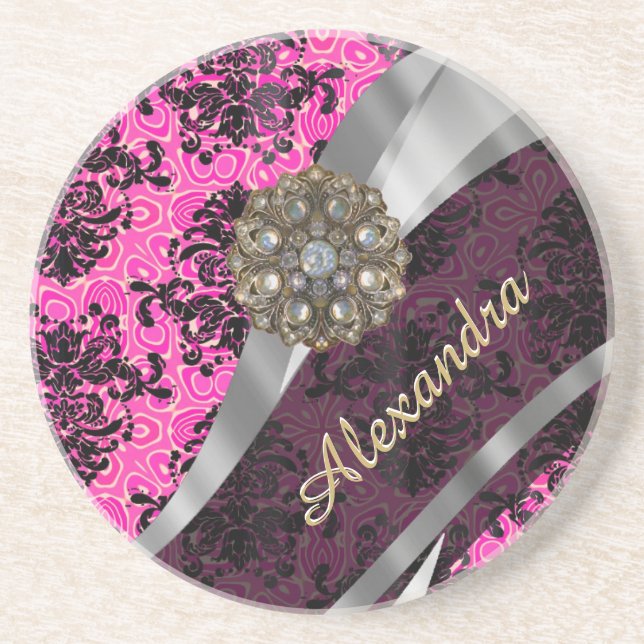 Personalized pretty girly pink damask pattern sandstone coaster (Front)