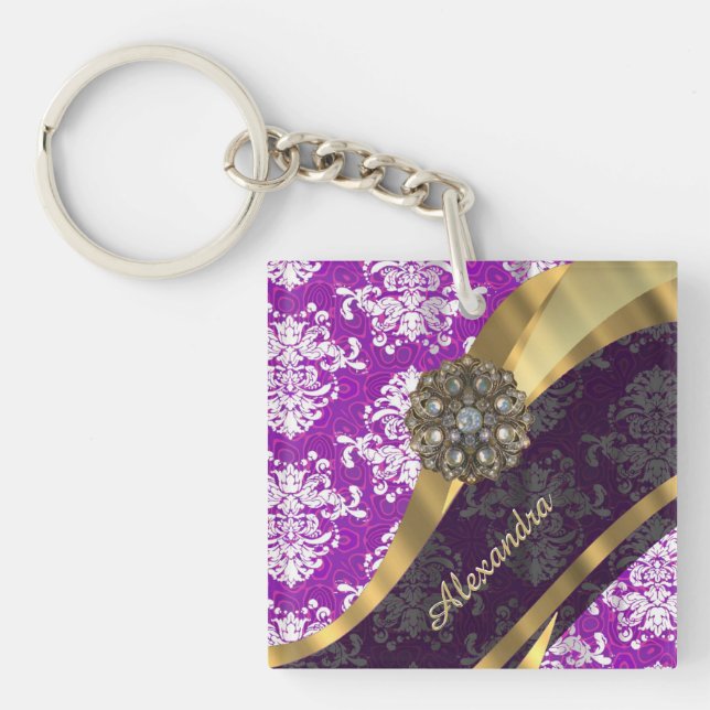 Personalized pretty girly purple damask pattern keychain (Front)