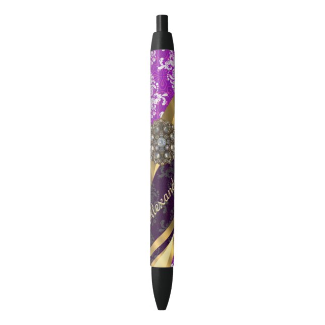 Personalized  pretty girly purple damask pattern pen (Front Vertical)