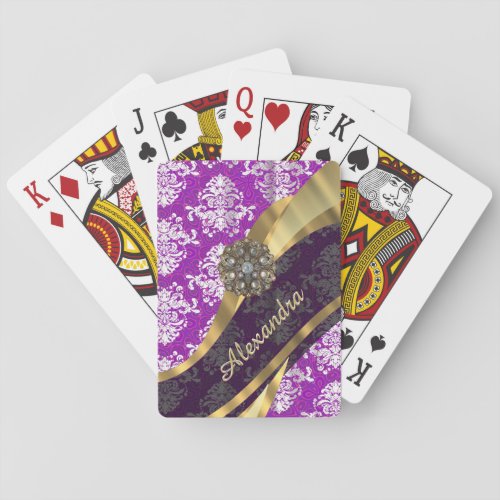 Personalized  pretty girly purple damask pattern poker cards