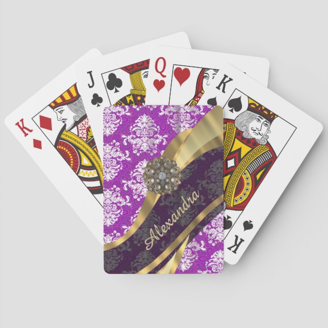 Personalized  pretty girly purple damask pattern poker cards (Back)