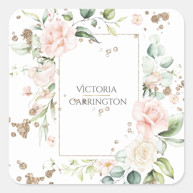 Personalized Pretty Gold Floral Watercolor  Square Sticker (Front)