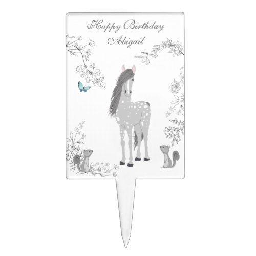 Personalized Pretty Grey Horse Happy Birthday Cake Topper