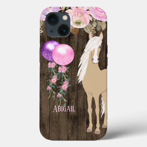 Personalized Pretty Horse and Flowers on Barnwood iPhone 13 Case