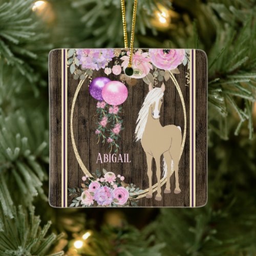 Personalized Pretty Horse and Flowers on Barnwood Ceramic Ornament
