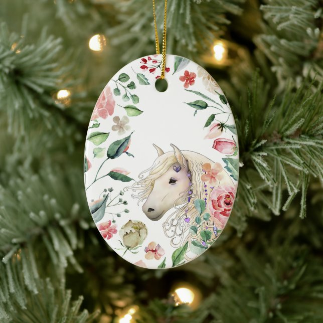 Personalized Pretty Horse Flower Garden Christmas Ceramic Ornament (Tree)
