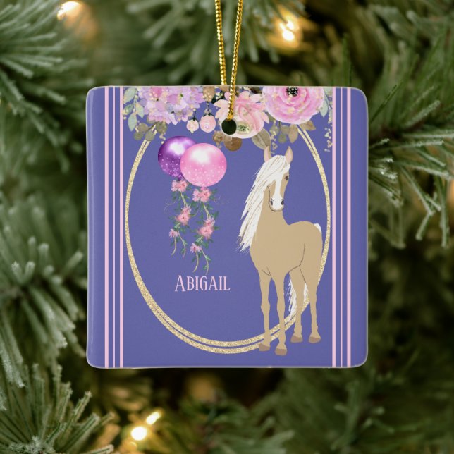 Personalized Pretty Horse Pink and Periwinkle Ceramic Ornament (Tree)