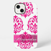 Personalized pretty hot pink and white damask
