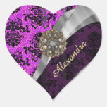 Personalized Pretty Magenta Girly Damask Pattern Heart Sticker at Zazzle