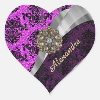 Personalized Pretty Magenta Girly Damask Pattern Heart Sticker by monogramgiftz at Zazzle