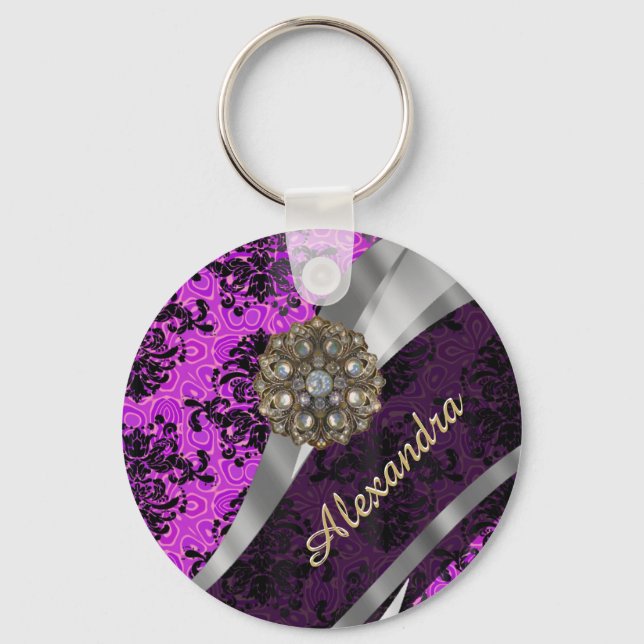 Personalized pretty magenta girly damask pattern keychain (Front)