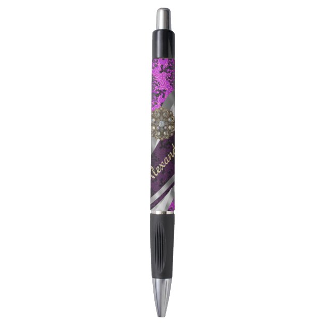 Personalized pretty magenta girly damask pattern pen (Front Vertical)