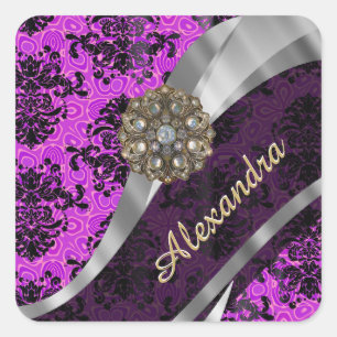 Personalized pretty magenta girly damask pattern square sticker