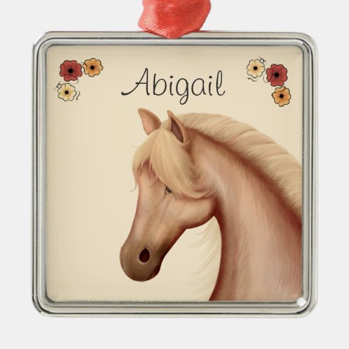 Personalized Pretty Palomino and Flowers Horse Metal Ornament