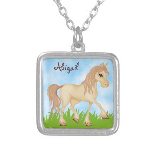 Personalized Pretty Palomino Pony Cream Horse Silver Plated Necklace