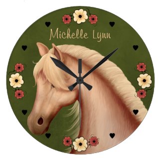 Palomino Pony n Flowers Horse Large Clock