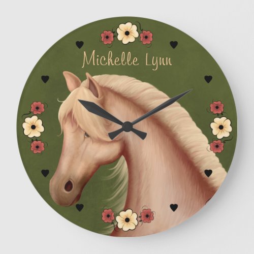 Personalized Pretty Palomino Pony n Flowers Horse Large Clock