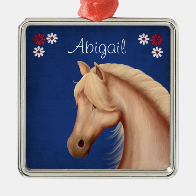 Personalized Pretty Palomino Pony n Flowers Horse Metal Ornament (Front)