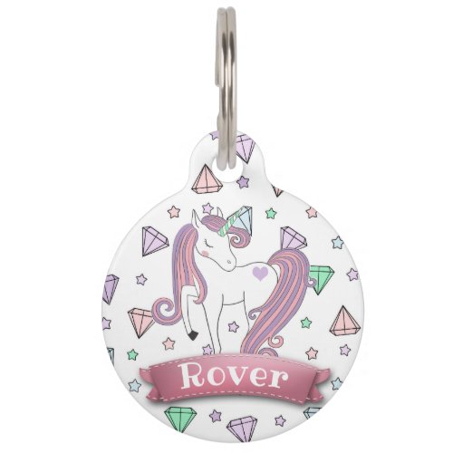 Personalized Pretty Pastel Unicorn  Diamond Gems Pet ID Tag