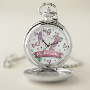 Personalized Pretty Pastel Unicorn   Diamond Gems Pocket Watch