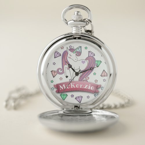 Personalized Pretty Pastel Unicorn  Diamond Gems Pocket Watch