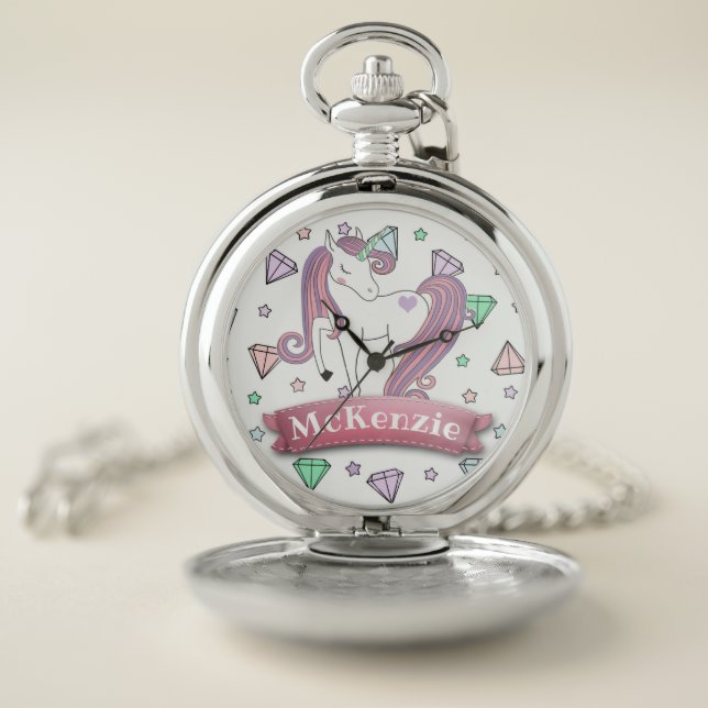 Personalized Pretty Pastel Unicorn | Diamond Gems Pocket Watch (Inside)