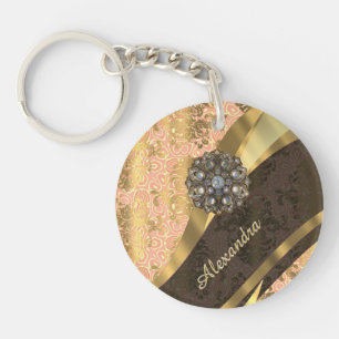 Personalized pretty peach girly damask pattern keychain